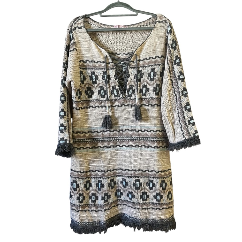 Calypso St Barth Cashmere Boho Fringe-Trim Lace-Up Long Sweater Tunic M